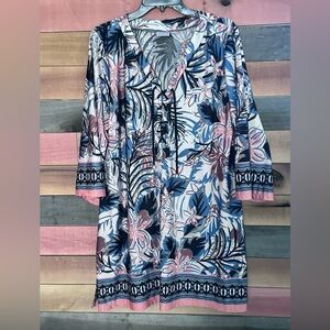 Tropical Floral Tunic Dress Coverup Resort Boho Kaftan | 3/4 Sleeve